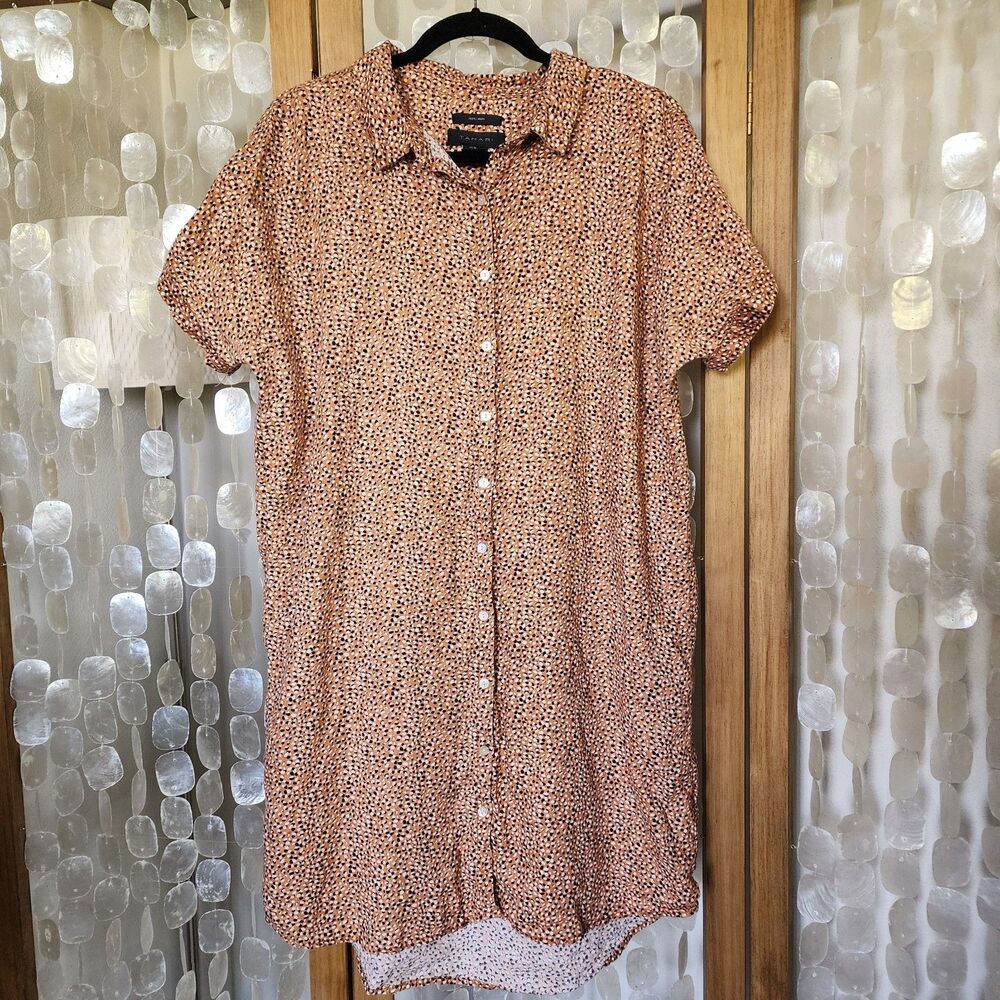 Tahari 100%Linen Shirt Dress XL Tan Brown Animal Print Button Front Short Sleeve